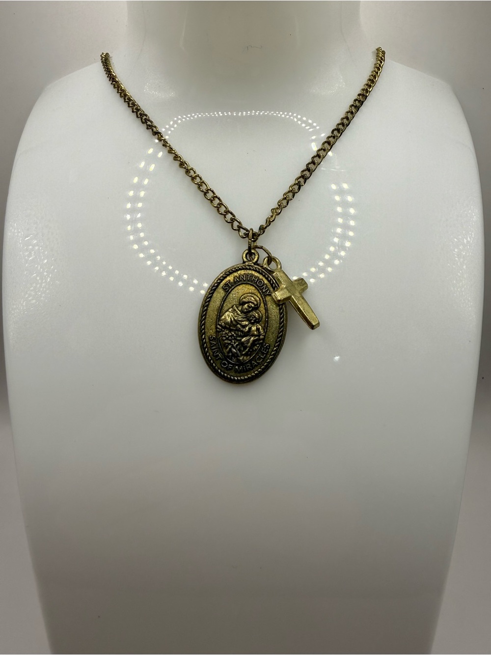 Gold-Tone Saint Anthony "Saint of Miracles" Devotional Medal Necklace with Cross